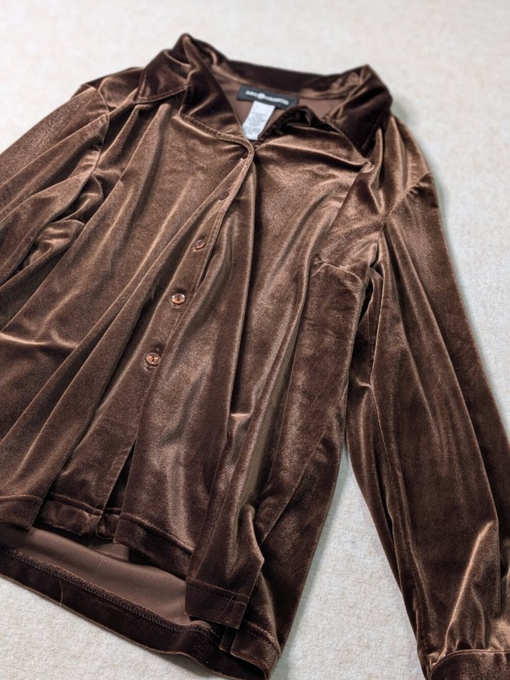 Sag Harbor Vintage Chocolate Brown Velvet Long Sleeve Button Down Top Size XL